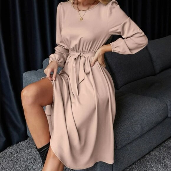 Luxe lantern sleeve belted dress - Picture 3 of 15